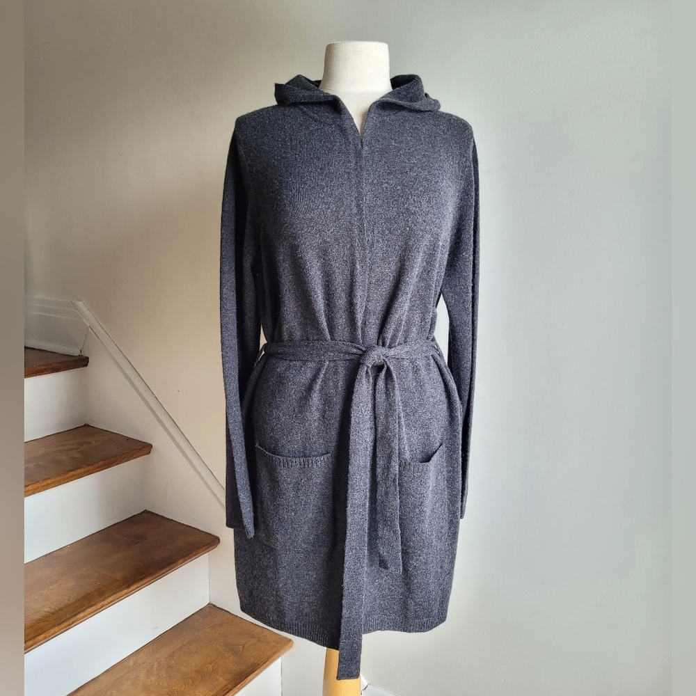 NWT TAHARI 100% Cashmere Cardigan Hooded Charcoal Gray Lounge Robe XL - Picture 3 of 10